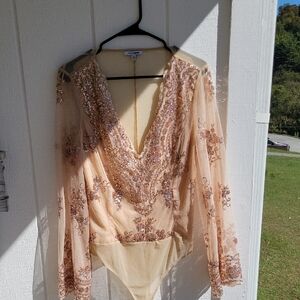 Fashion Nova Beige Sheer Bodysuit Sequins Bling Dressy Night Out Cruise